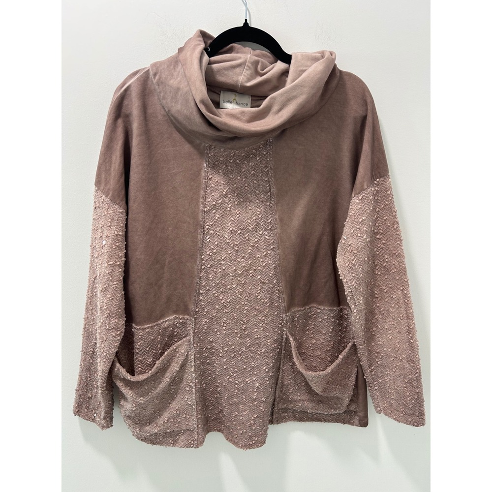 Belle France Italy Cowl Neck Mixed Media Boucle Pullover Top Mauve Large 8715Y